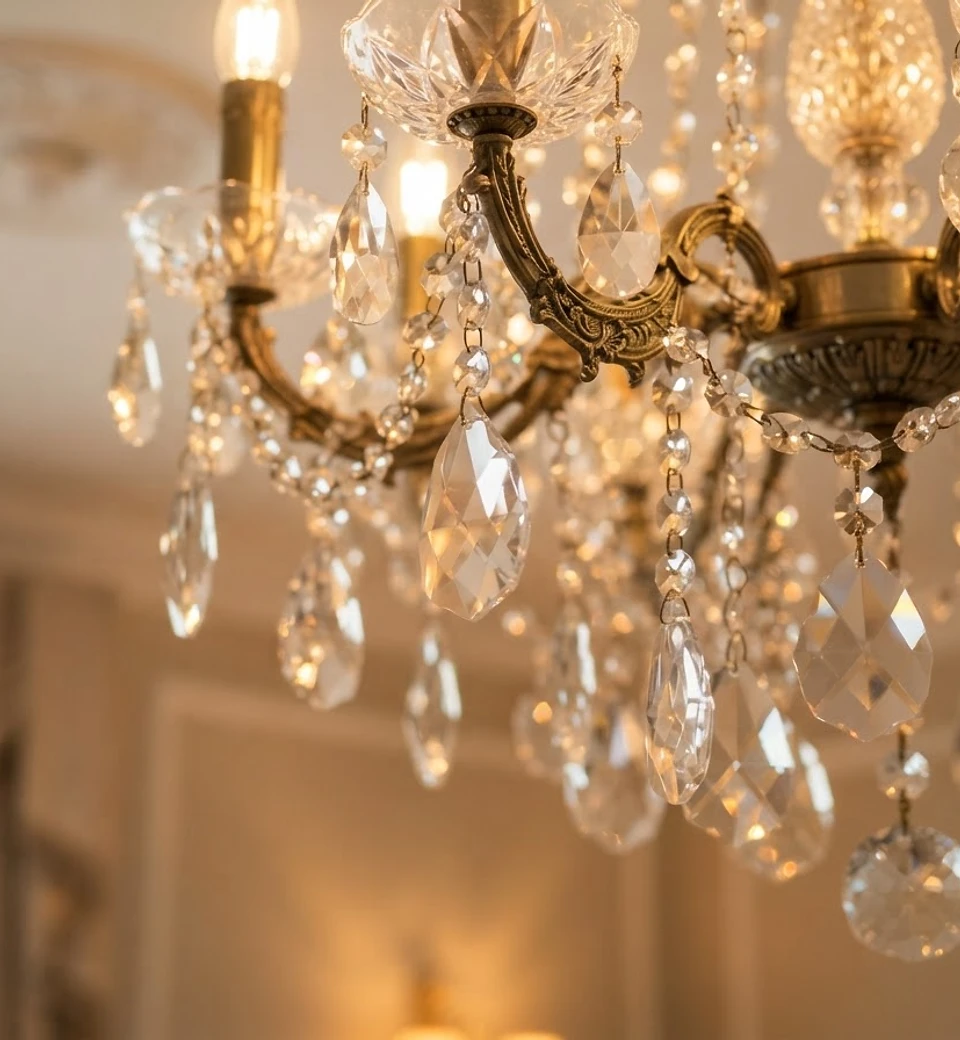 Crystal chandelier with brass gold prisms close-up