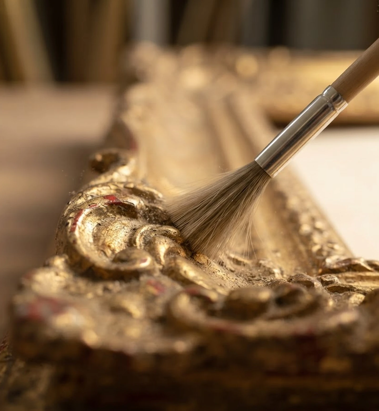 Paintbrush applying gold leaf to ornate gilded surface