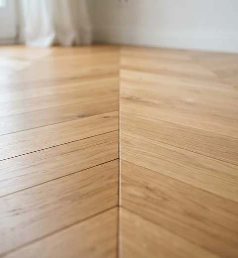 Chevron oak wood flooring close-up showing natural grain