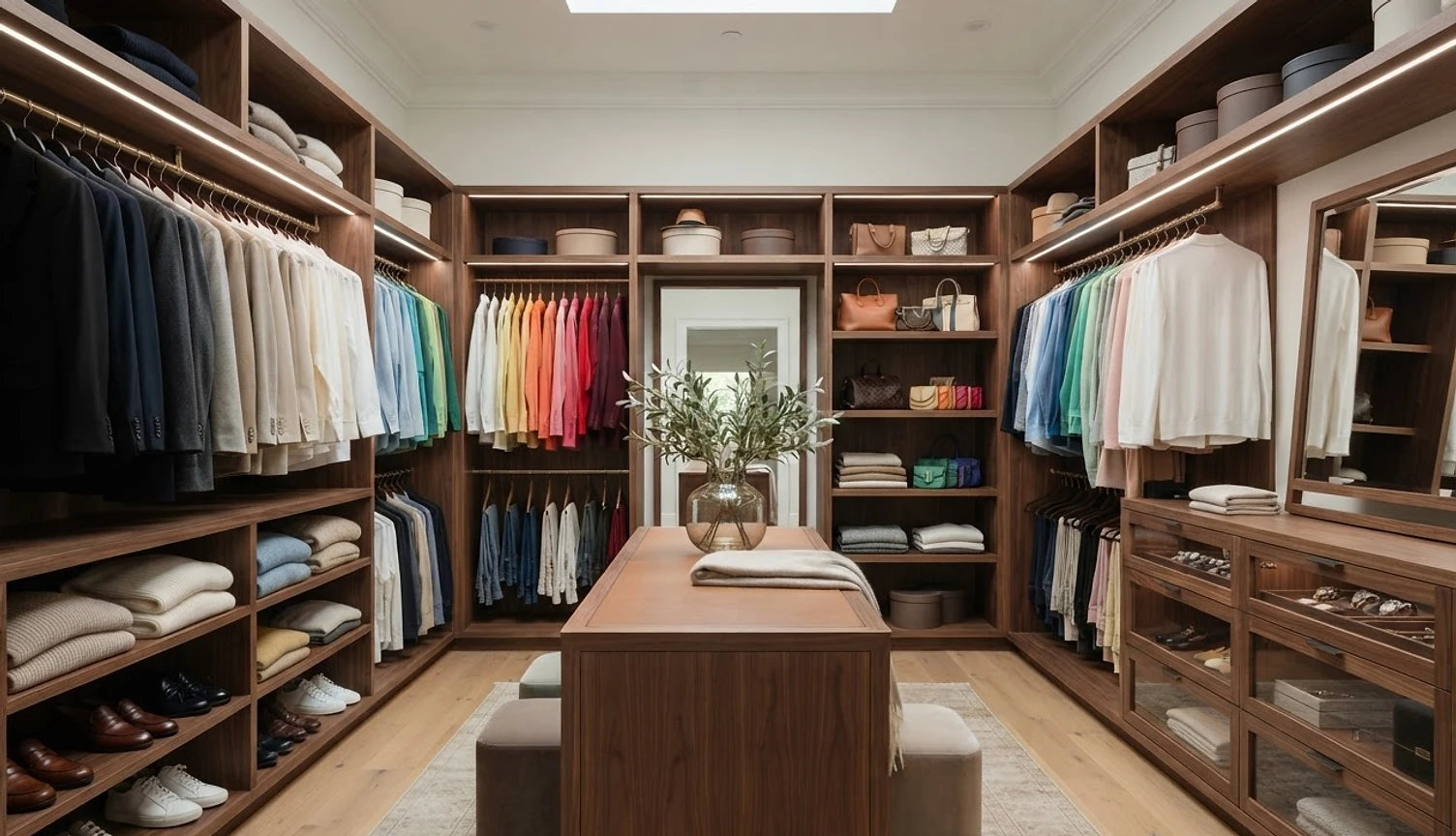 Luxury walk-in closet with dark wood cabinetry and organized wardrobe